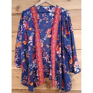 Pioneer Woman Kimono Duster Open Front Blue Floral Size S/M Flower Swim Coverup